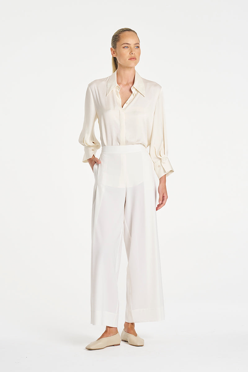 Mela Purdie Resort Blouse in Ivory, Mirror Satin fabric – front detail close-up