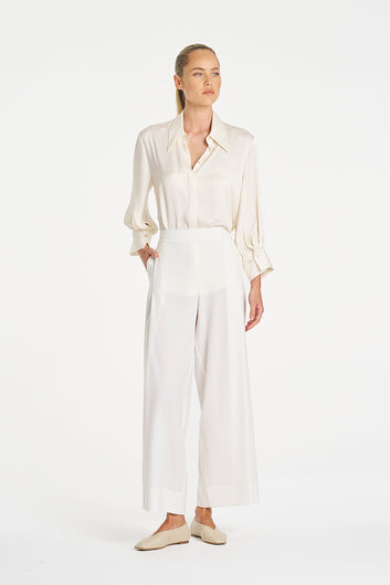Mela Purdie Resort Blouse in Ivory, Mirror Satin fabric – front detail close-up