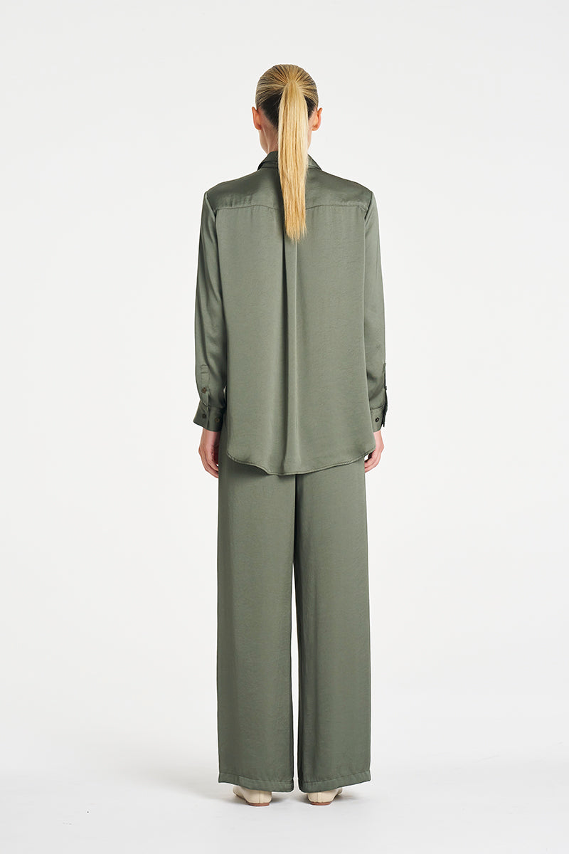 Mela Purdie Soft Shirt in Sage, Mirror Satin fabric – back view