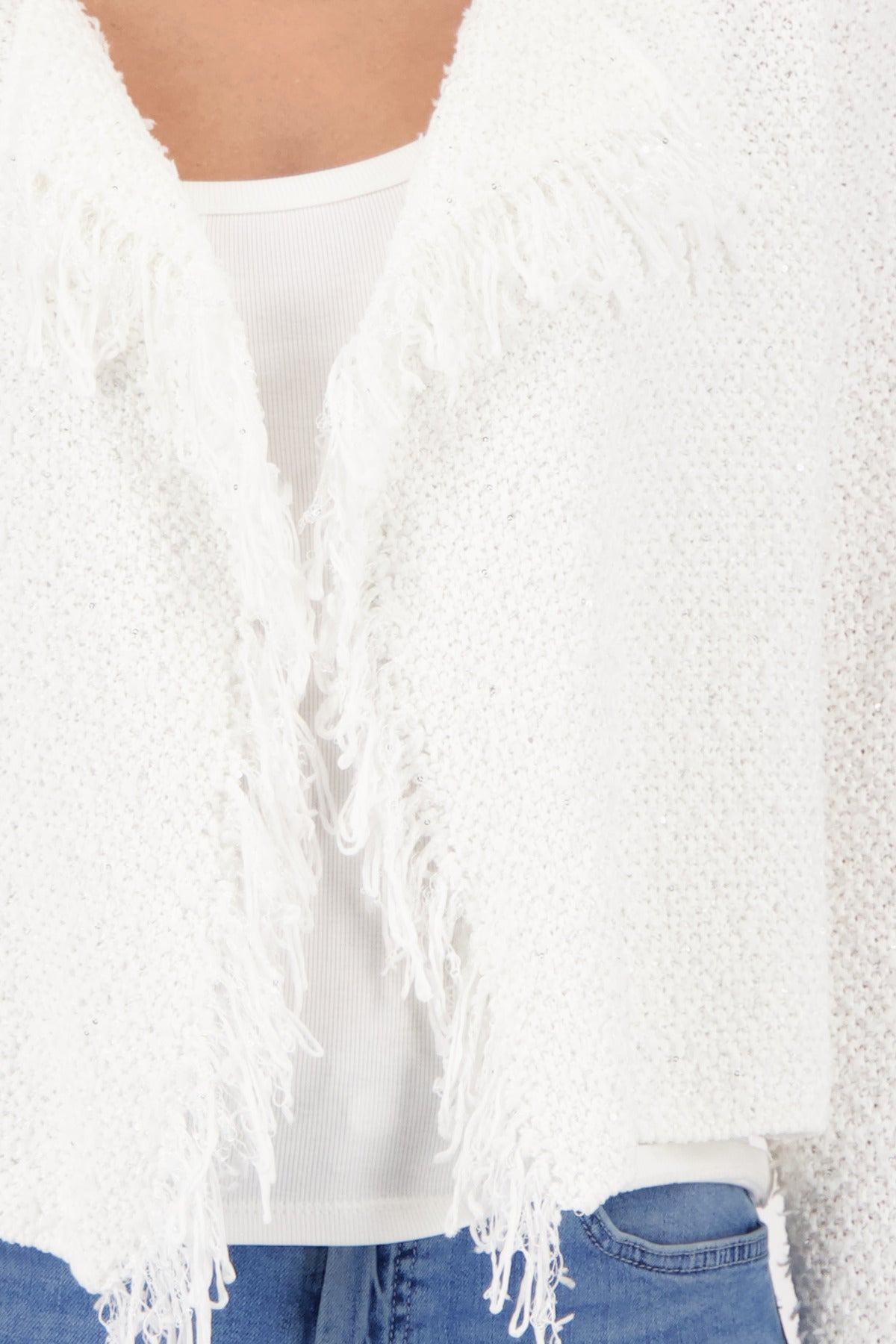 Monari Fringed Cardigan in Off-White - close-up detail, worn