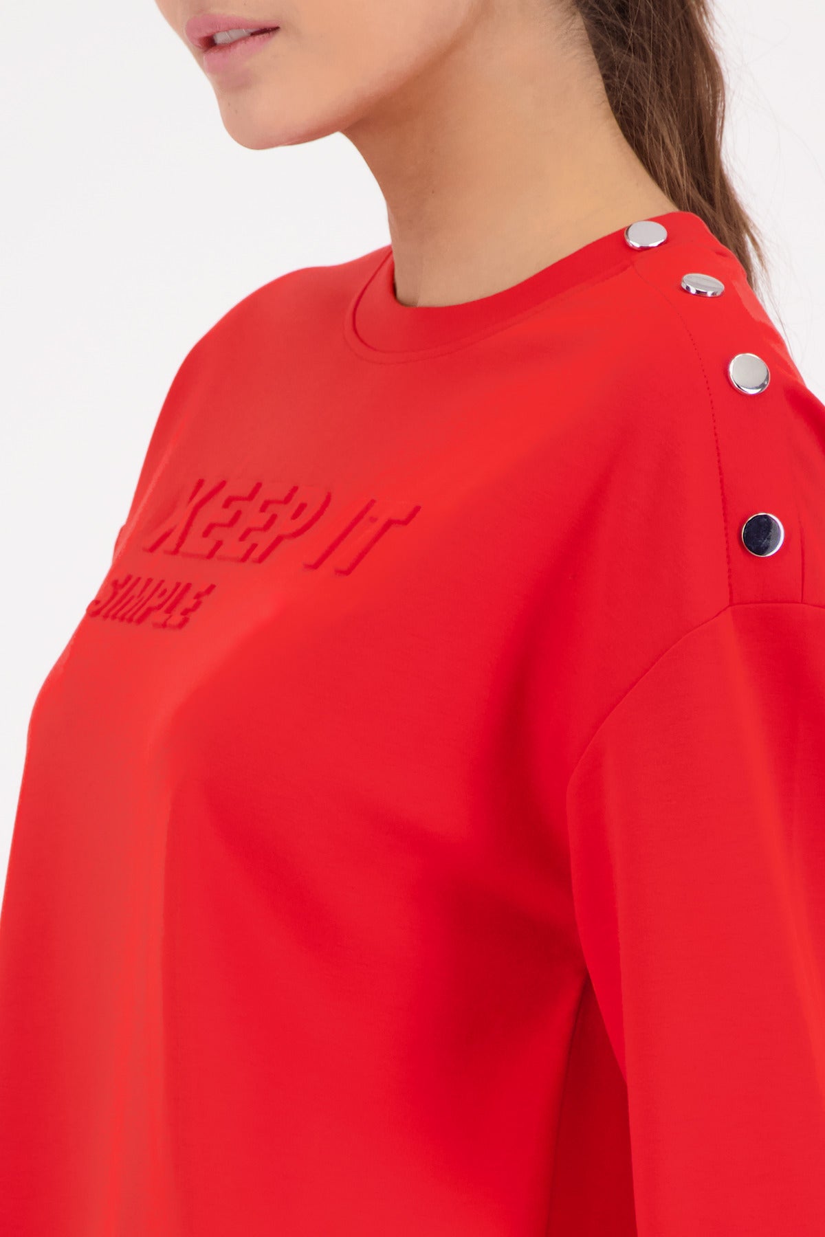 Monari Lettered Jersey in Chilli - close-up detail, worn