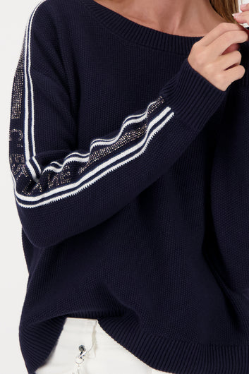 Monari Striped Decorated Sweater in Marine - close-up detail, worn