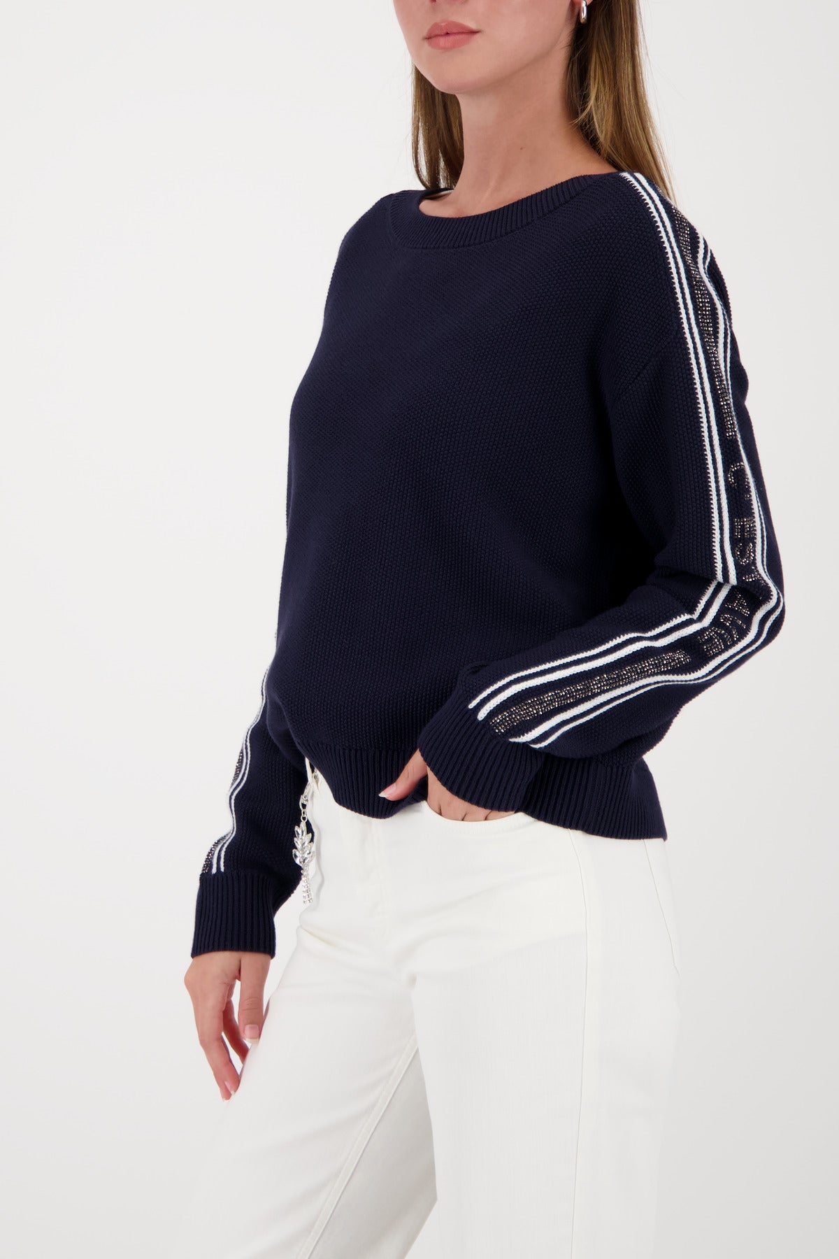 Monari Striped Decorated Sweater in Marine - worn - side view