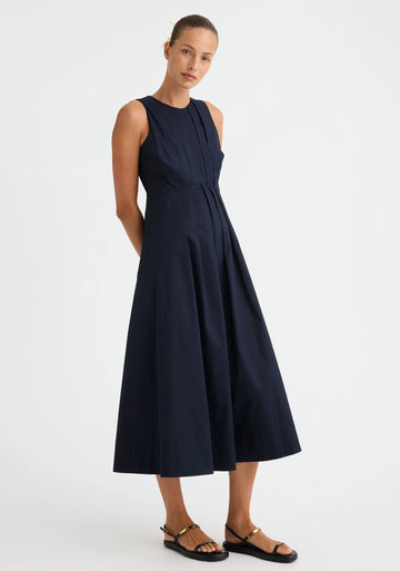 Morrison Maddison Dress in Navy, worn - front, hand in pocket