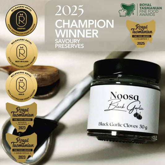Noosa Black Garlic Cloves 50g jar with 2025 Champion Winner Savoury Preserves award badges