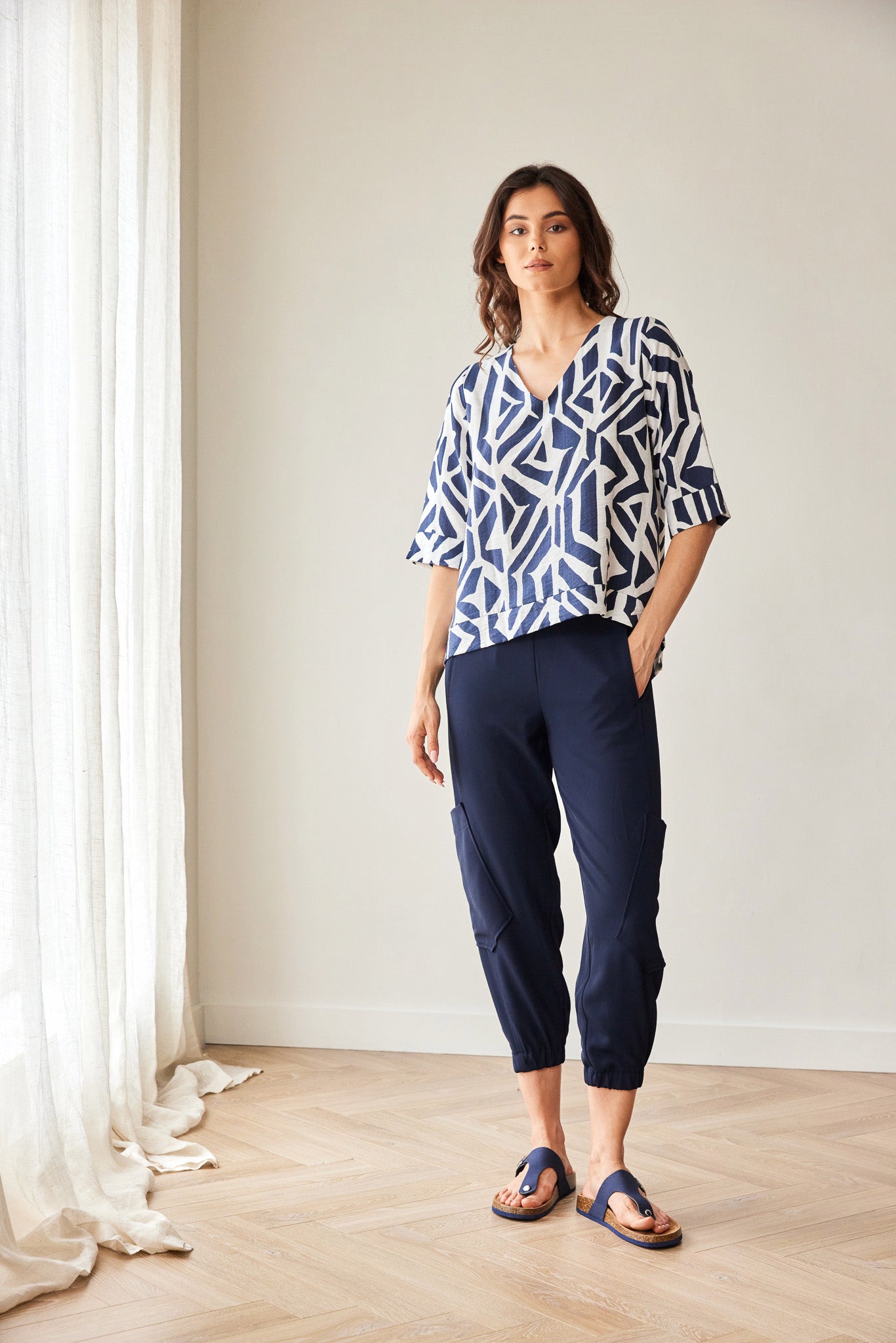 Peruzzi Geo Block Print Top in Navy