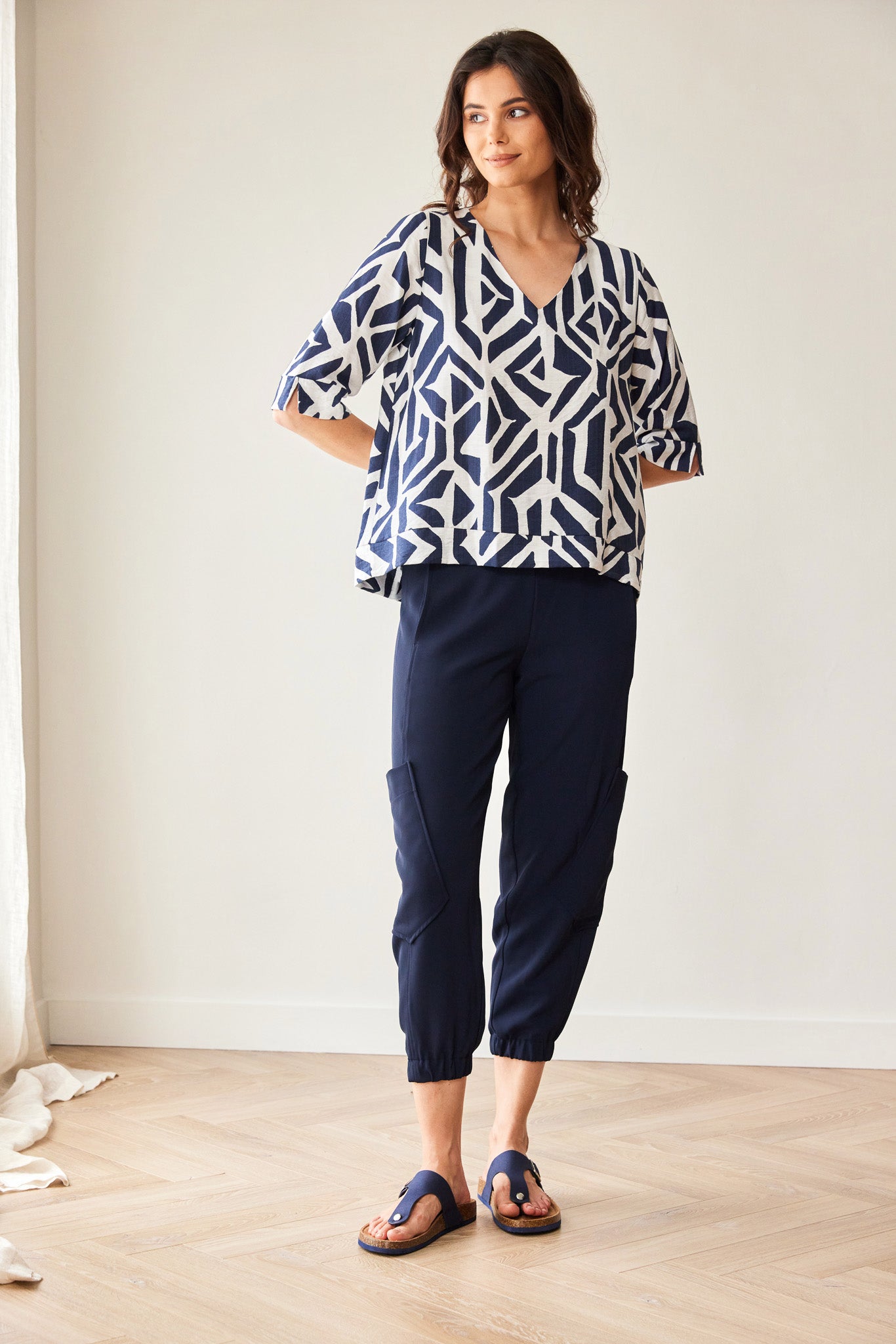 Peruzzi Geo Block Print Top in Navy