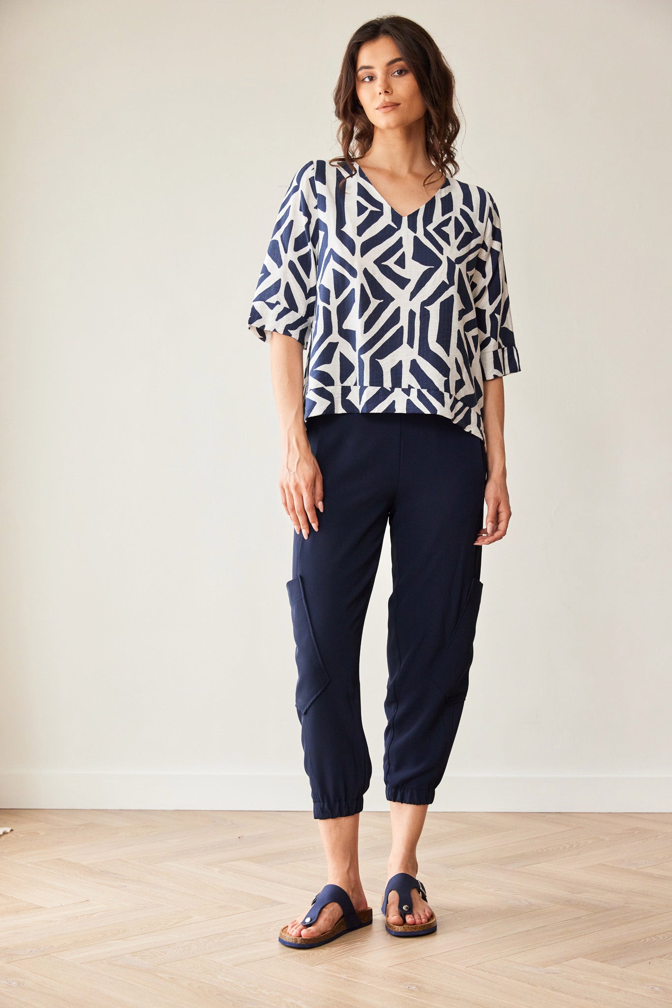 Peruzzi Geo Block Print Top in Navy