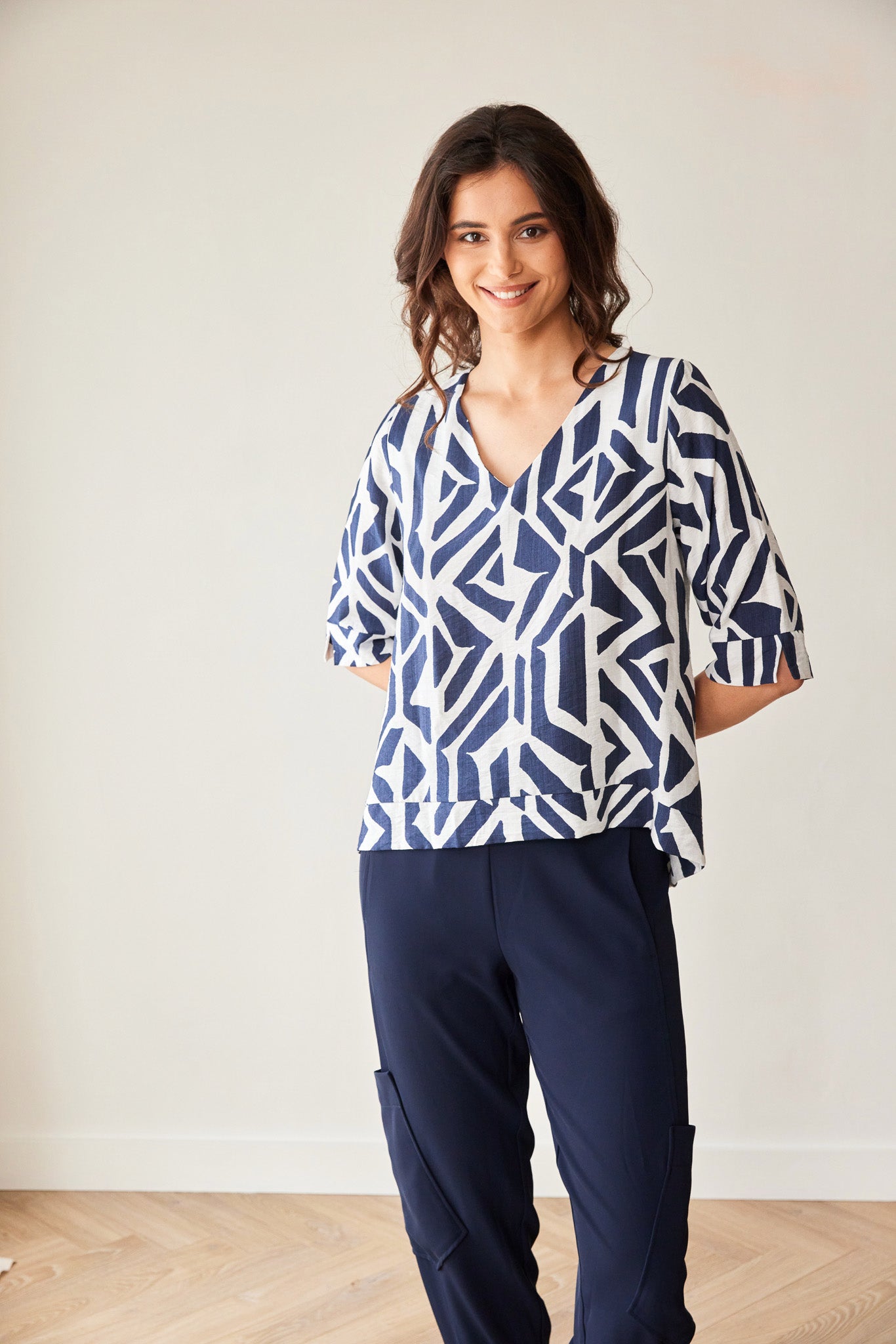 Peruzzi Geo Block Print Top in Navy