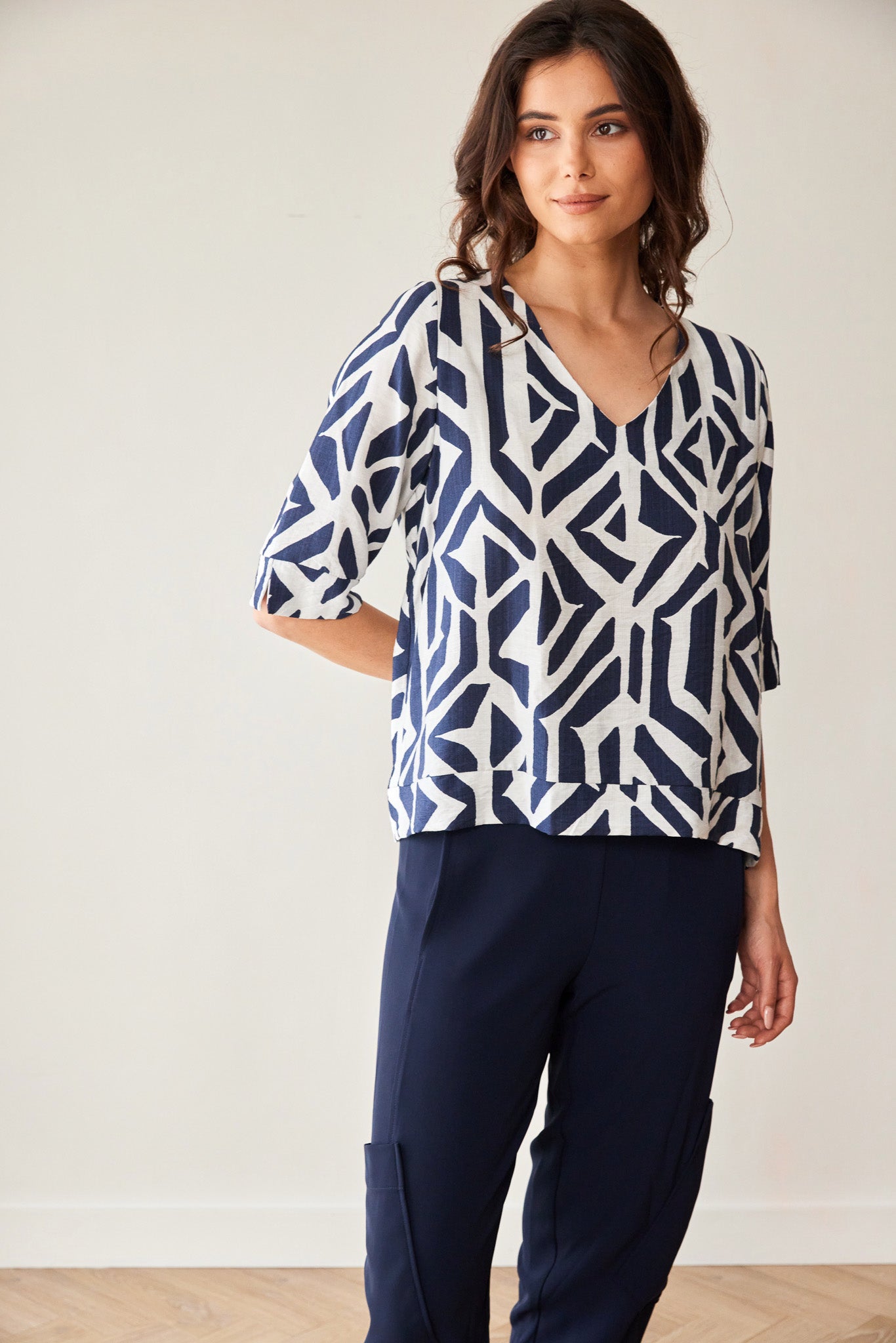 Peruzzi Geo Block Print Top in Navy