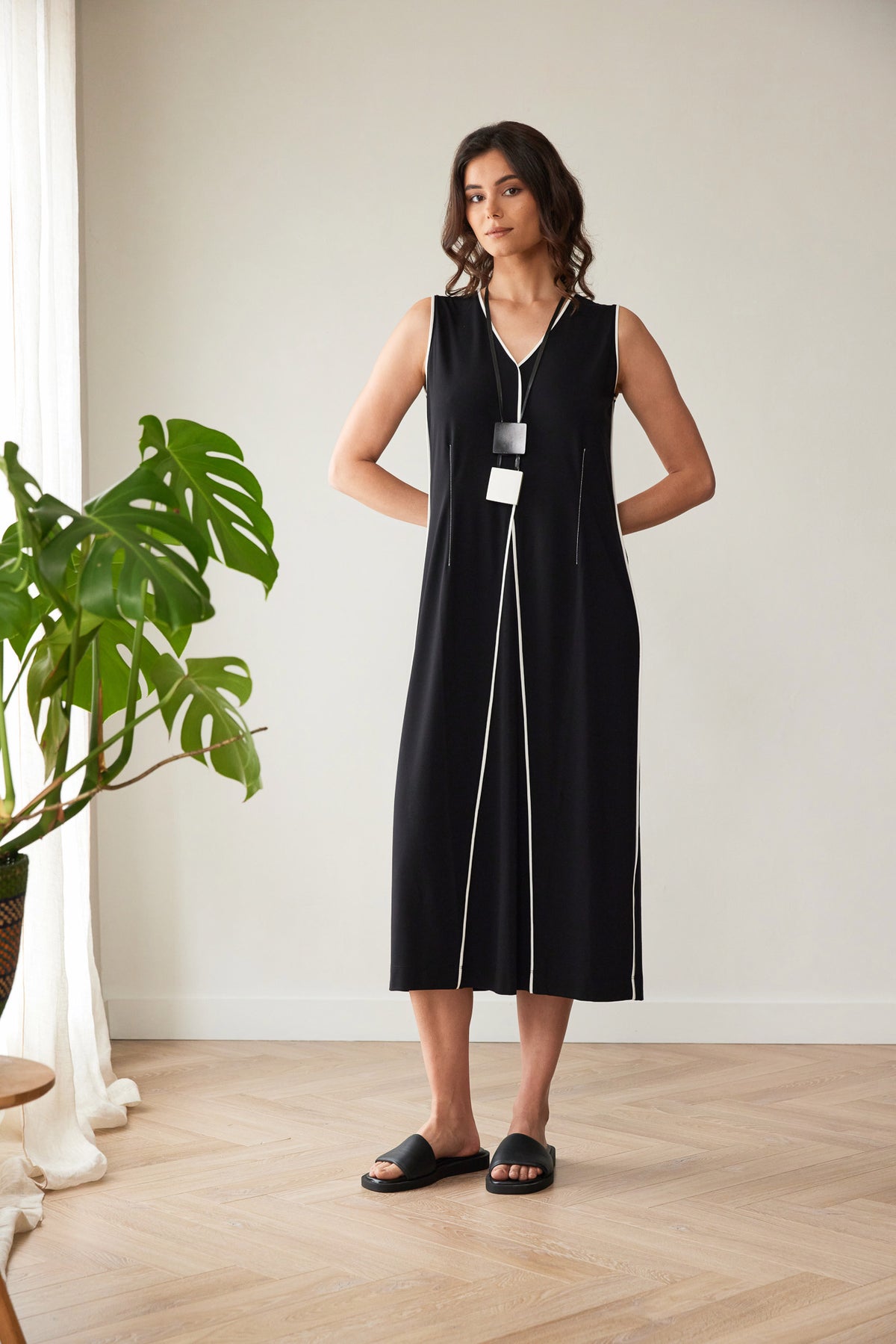 Peruzzi Piped Dress in Black and Ecru