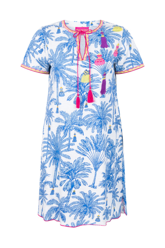 Place du Soleil Blue Palm Short Dress in Blue - flat lay