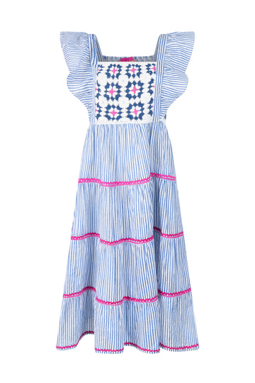 Place du Soleil Blue White Stripe Dress in Blue/White - flat lay