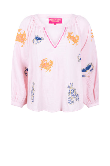 Place du Soleil Rosa Mix Crab Embroidered Blouse in Pink - flat lay