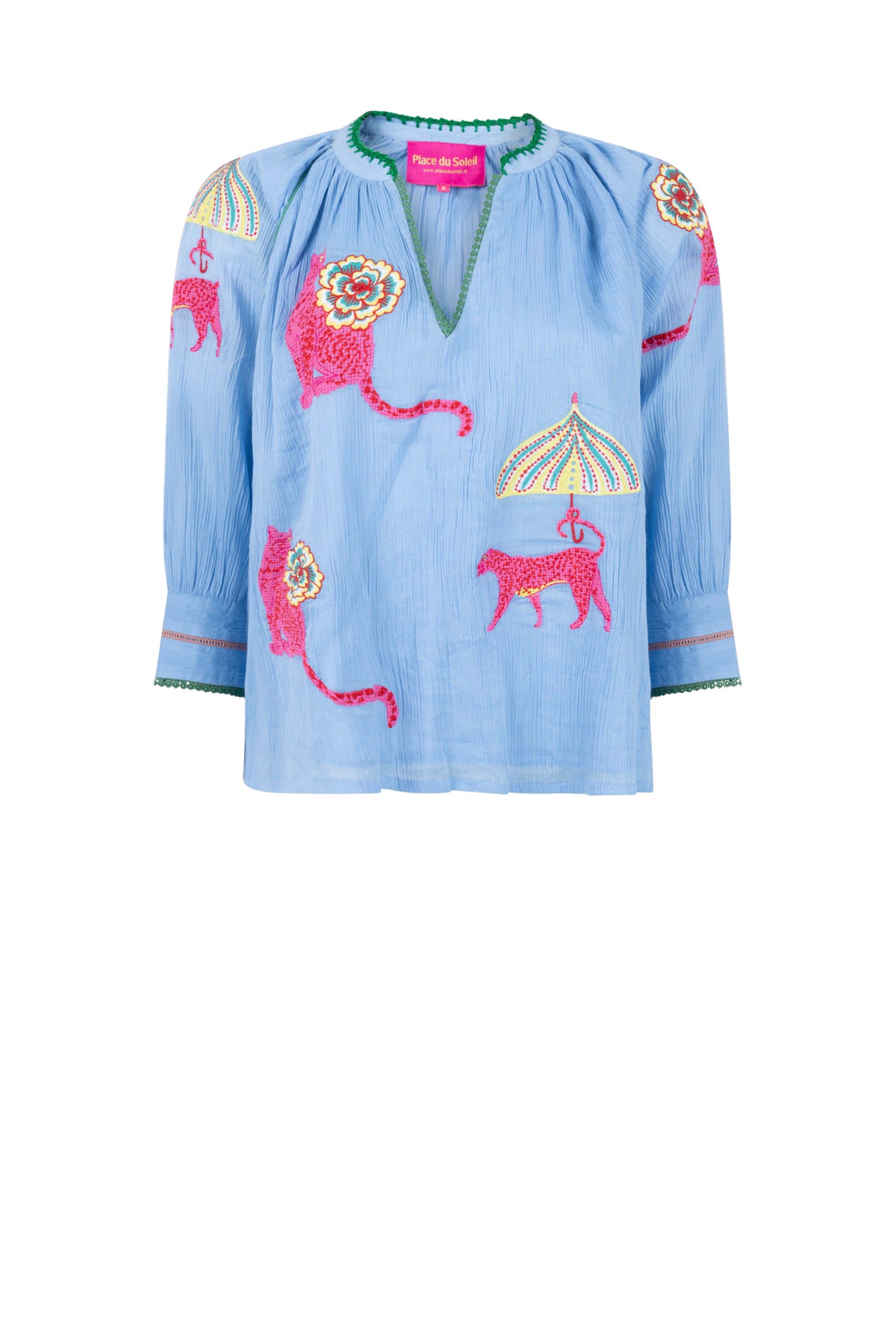 Place du Soleil Tiger Flower Blouse in Light Blue - flat lay