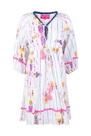 Place du Soleil White Ikat Short Dress in White - flat lay