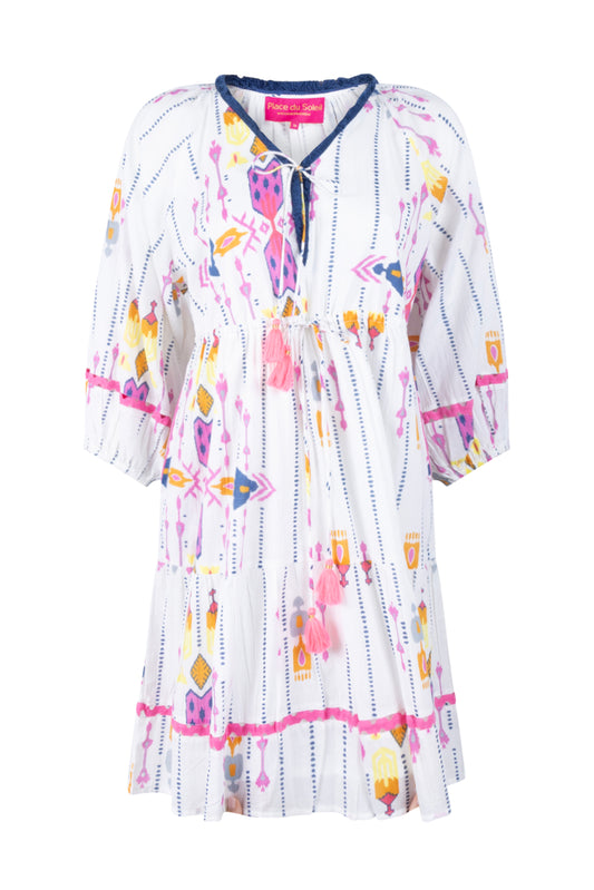 Place du Soleil White Ikat Short Dress in White - flat lay