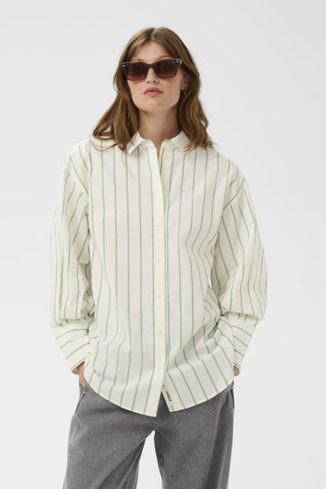 Soaked in Luxury Noelle Striped Shirt in Vibrant Green and White Stripe