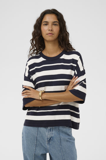 Soaked in Luxury Spina Boxy Structure Pullover in India Ink and White Stripe