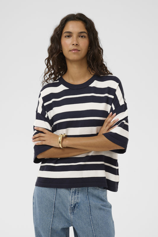 Soaked in Luxury Spina Boxy Structure Pullover in India Ink and White Stripe