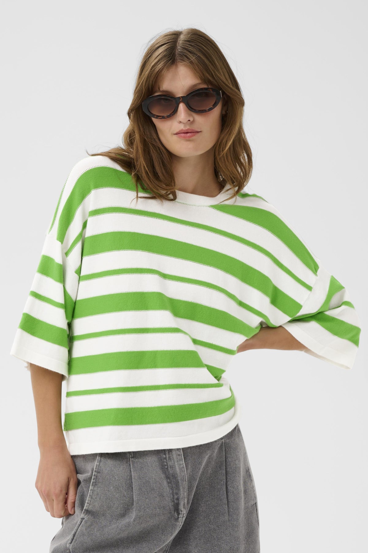 Soaked in Luxury Spina Boxy Structure Pullover in White with Green Stripe