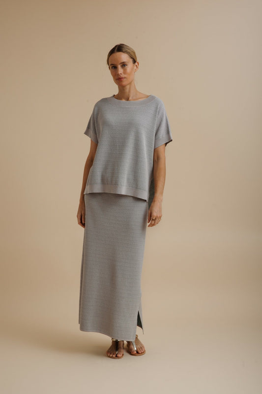 Talamaya Crepe Knitted Skirt in Silver/Sage - front view