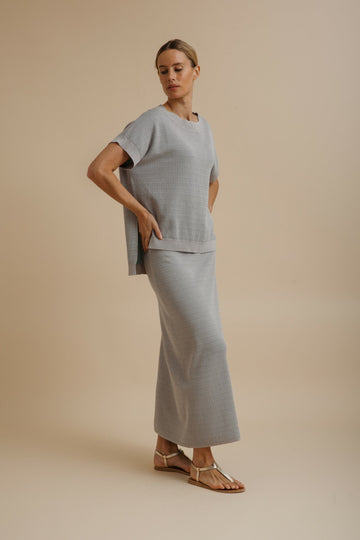 Talamaya Crepe Knitted Tee Pullover in Silver/Sage - side view