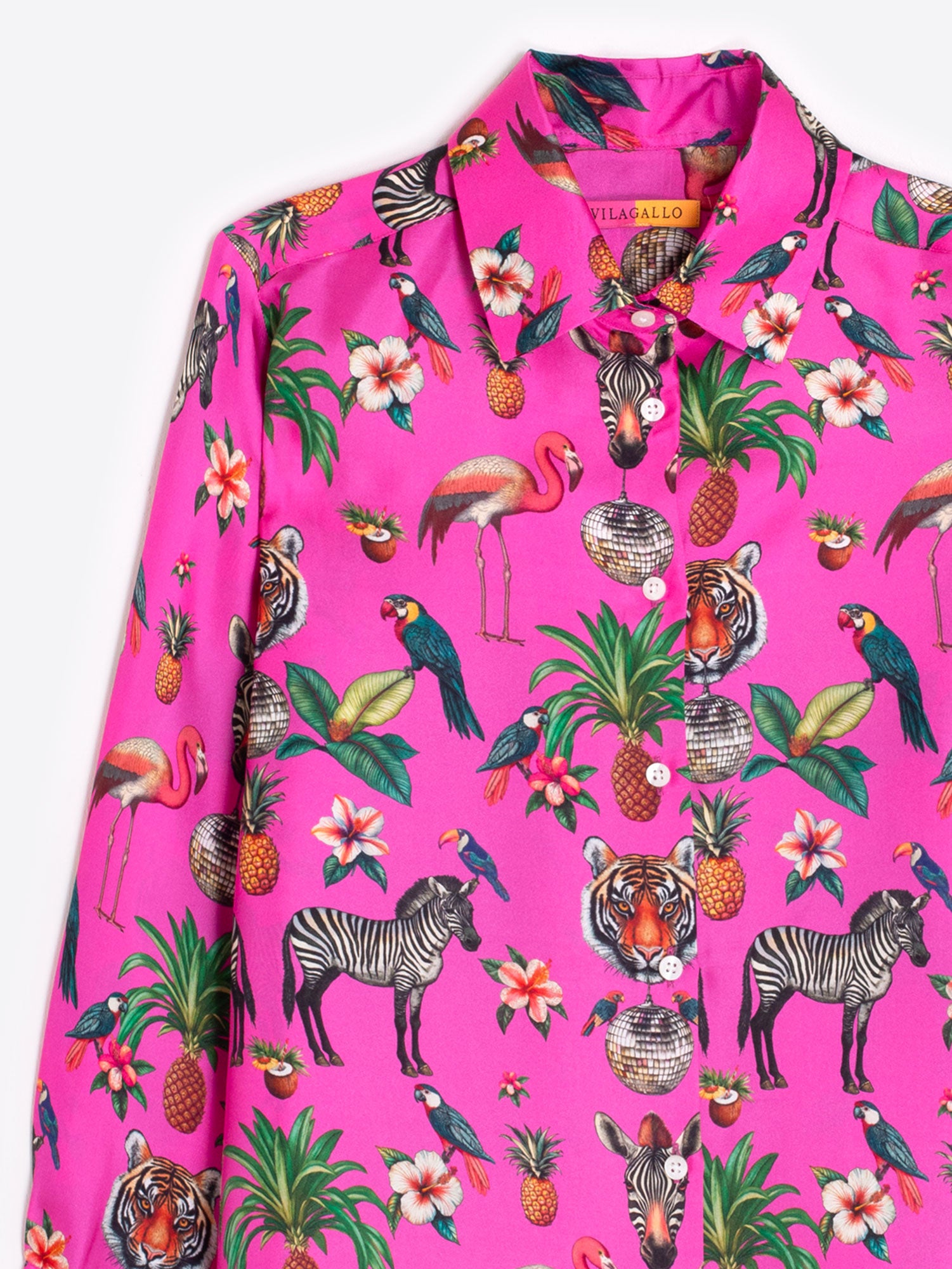 Vilagallo Tiffany Jungle Disco Silk Shirt in hot pink, close-up detail of jungle disco silk print
