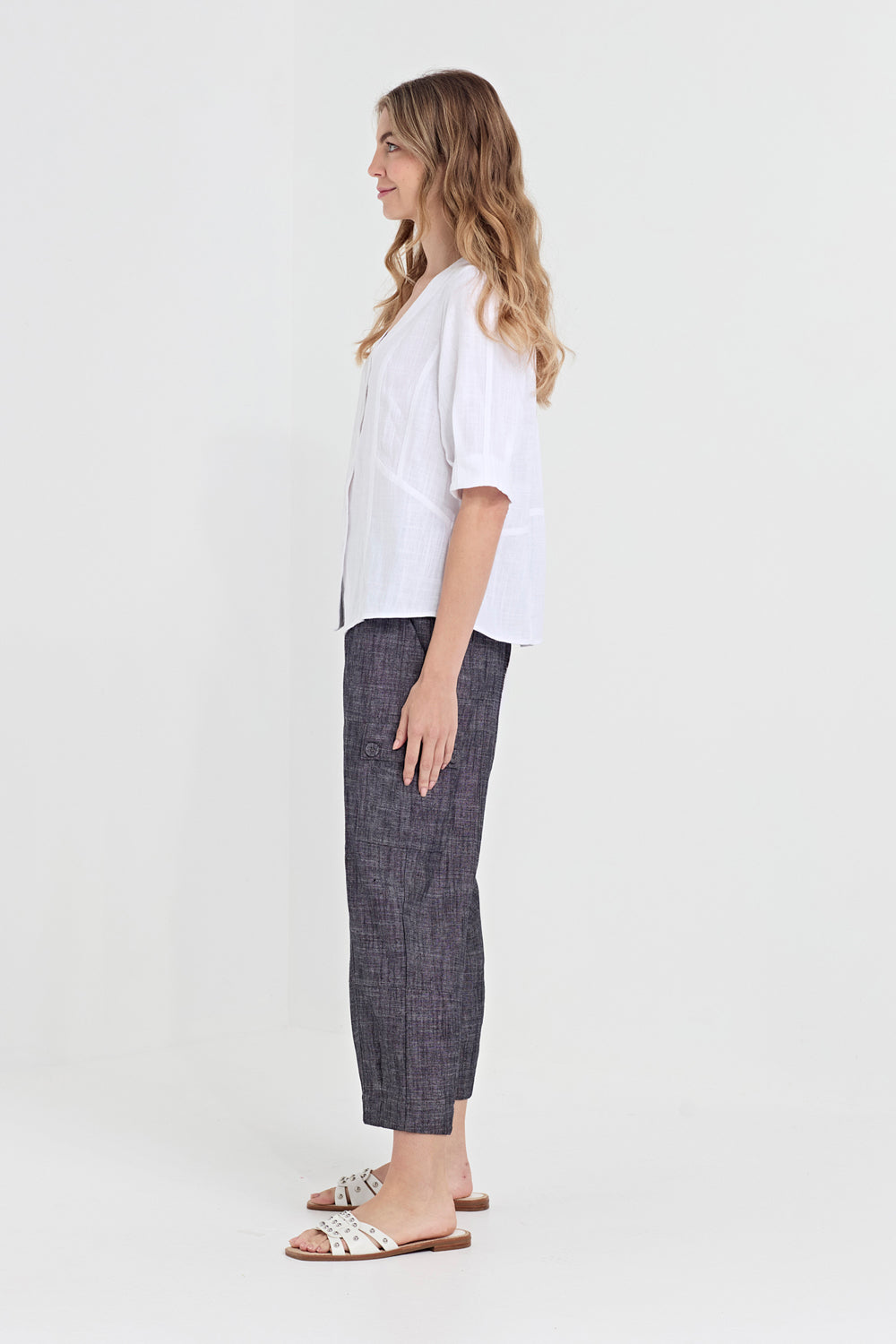 Verge Faithful Pant in Ink, worn - side