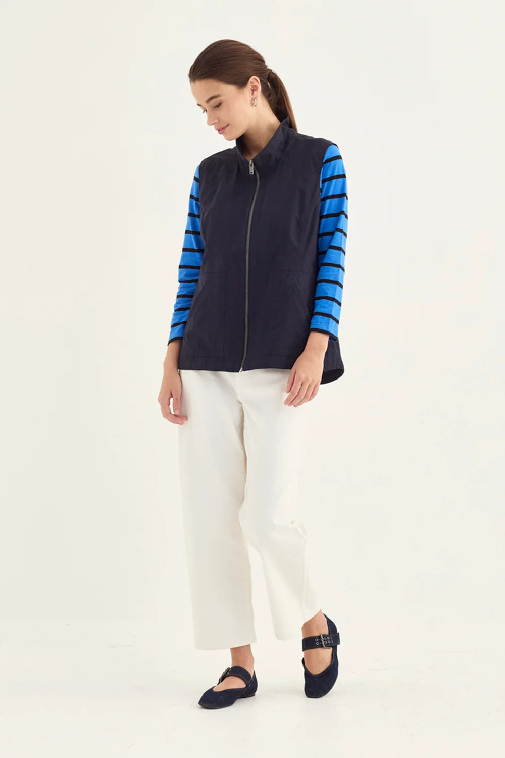 Verge Statement Vest in Ink, worn zipped - front